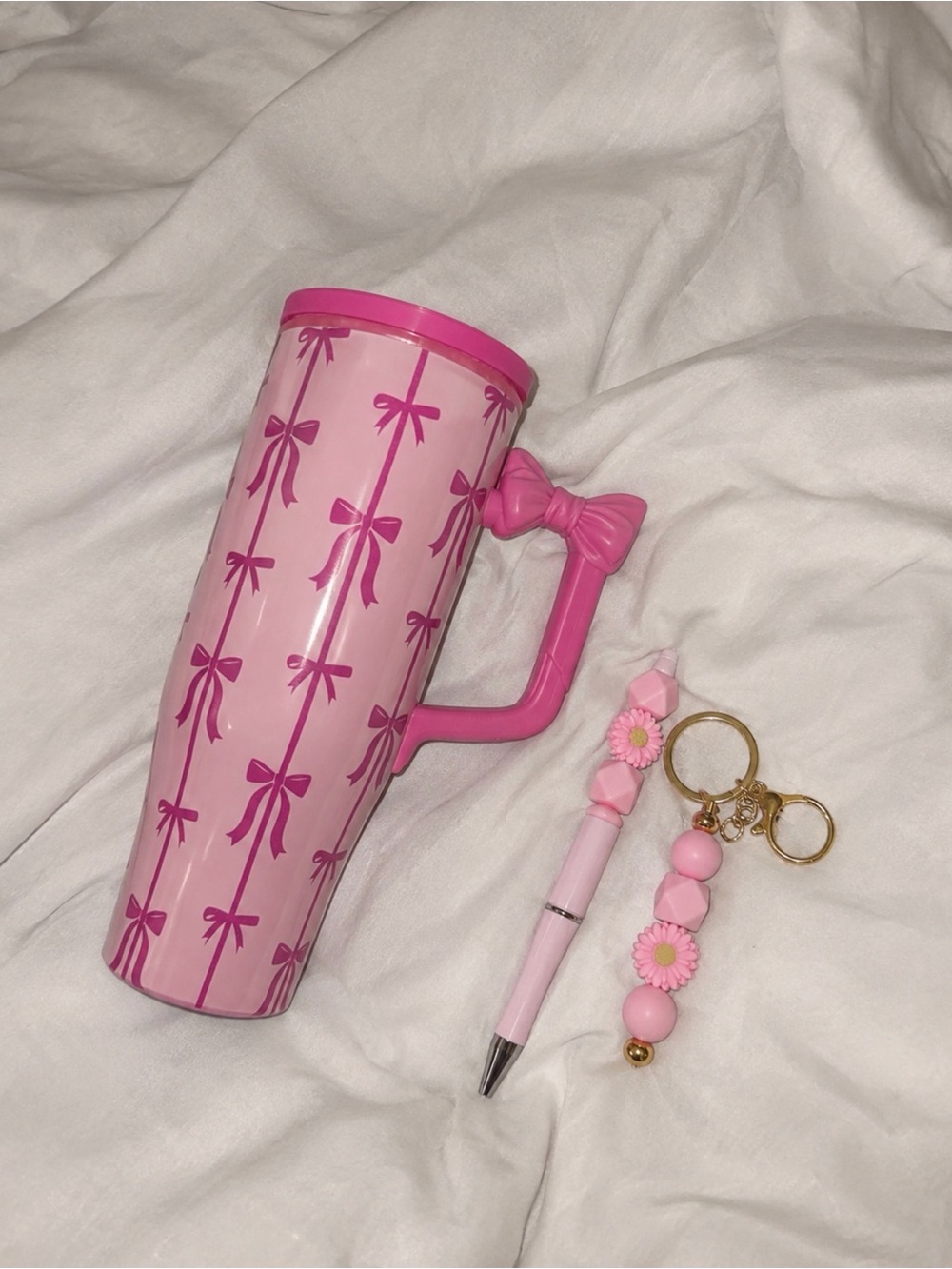 Pink Bow Print Tumbler Mug with Handle – New